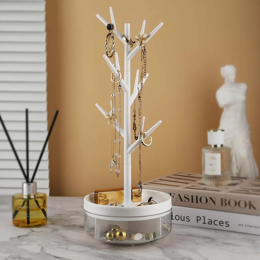 Rotating Branch Tree Jewelry Stand With Storage Tray