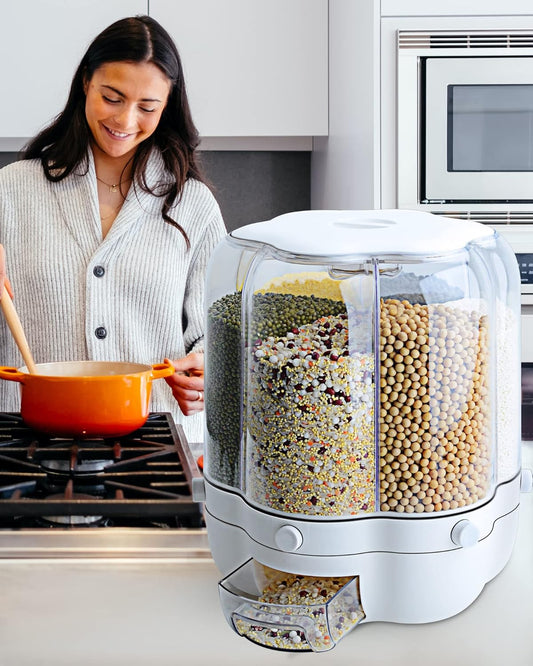 Grain Dispenser Rotating, Dry Food Dispenser with 6-Grids large size