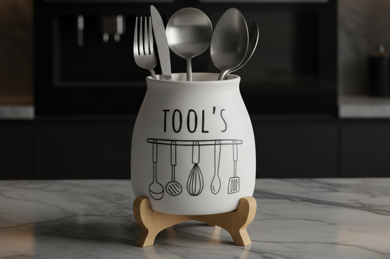 Ceramic Utensil Holder Set with Wooden Base