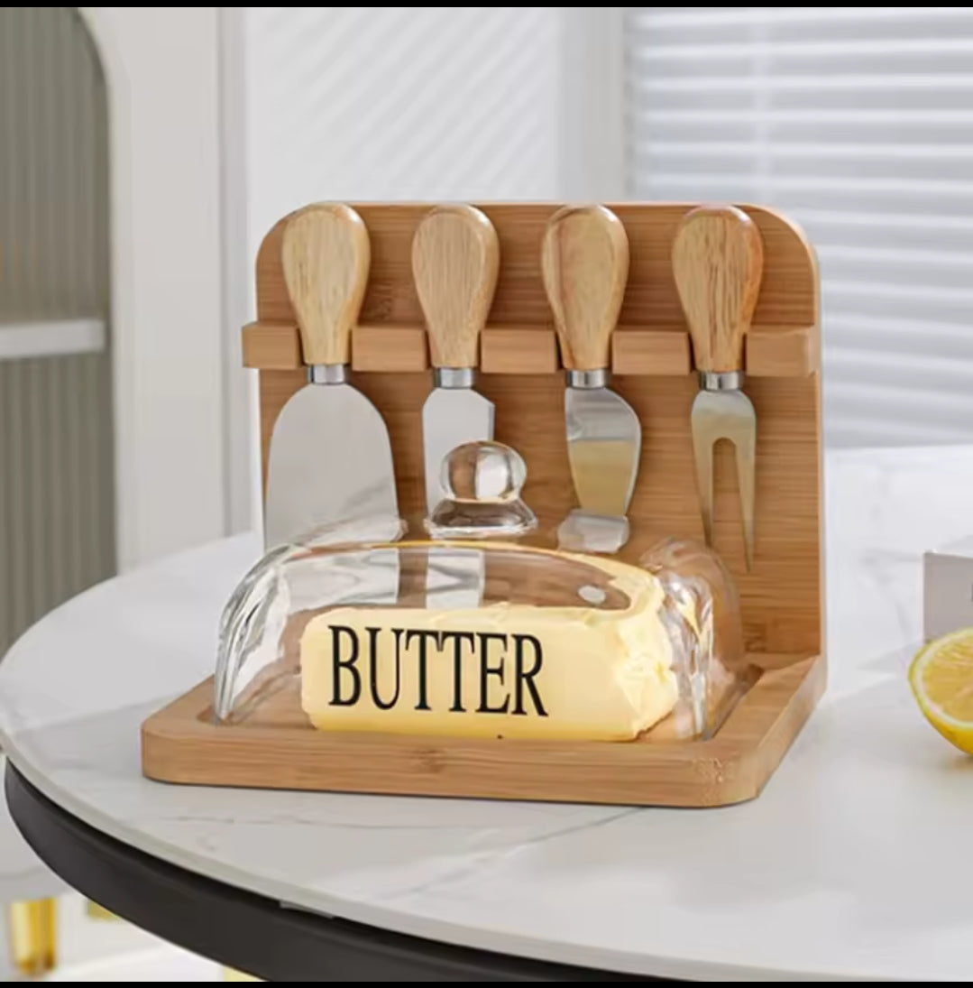 Wooden Butter & Dessert Box Set with Glass Lid & Utensils