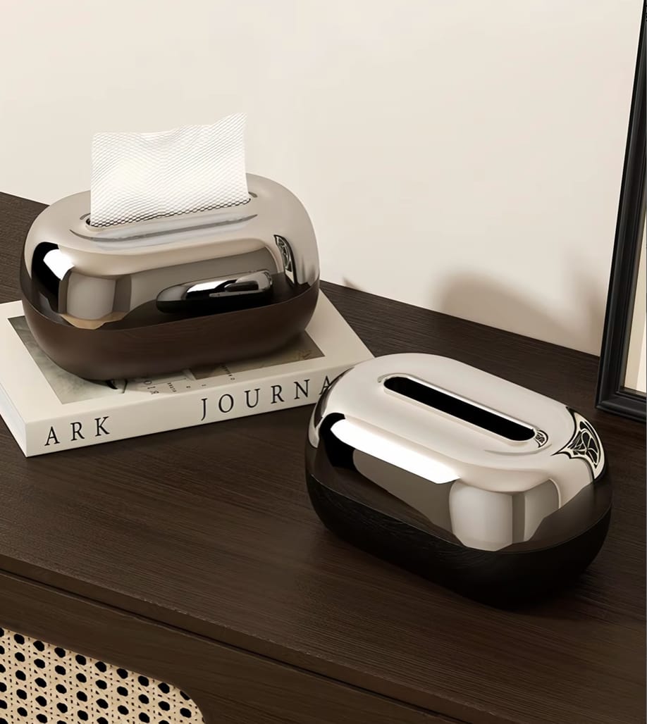 Premium Oval Chrome Style Finishing Tissue Box With Wooden Base
