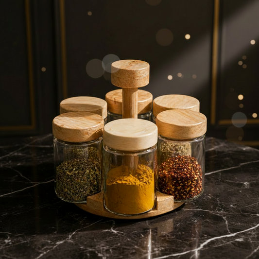 Wooden Spices Jars Set With Rotating Stand