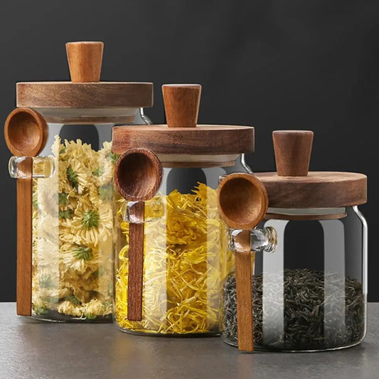 Glass Storage Jars With Airtight Wooden Lids