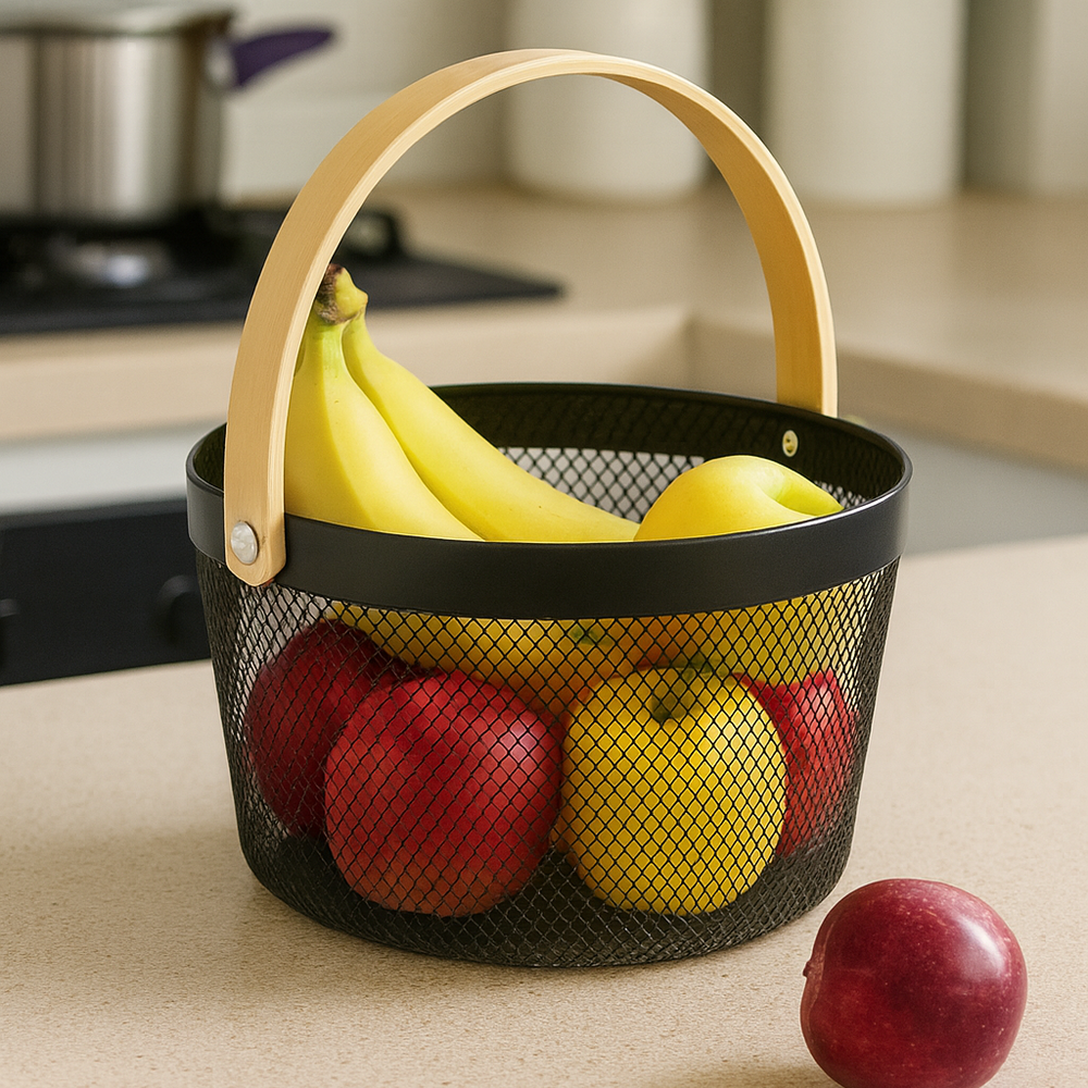 Round Metal Mesh Storage Basket With Wooden Handle