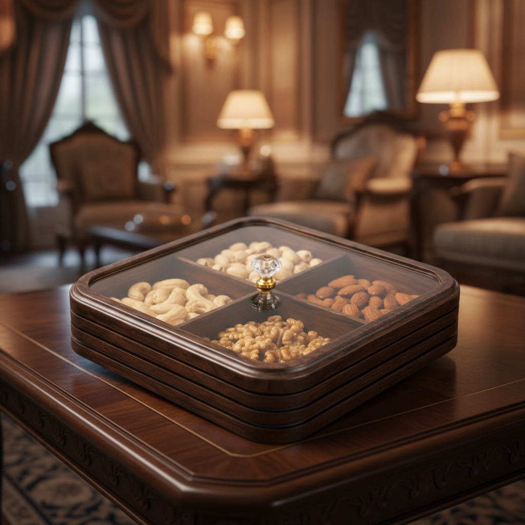 Luxury Wooden 4-Grid Dry Fruits & Snacks Serving Box