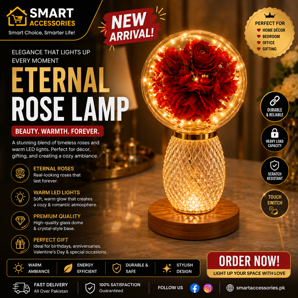 Red Flower Glass Globe LED Table Lamp With Crystal Base