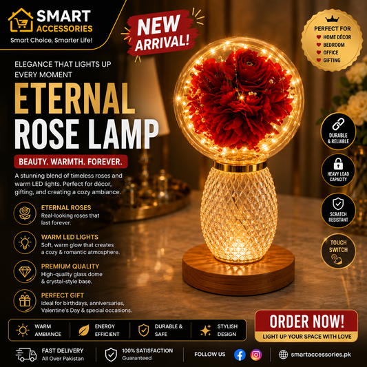 Red Flower Glass Globe LED Table Lamp With Crystal Base