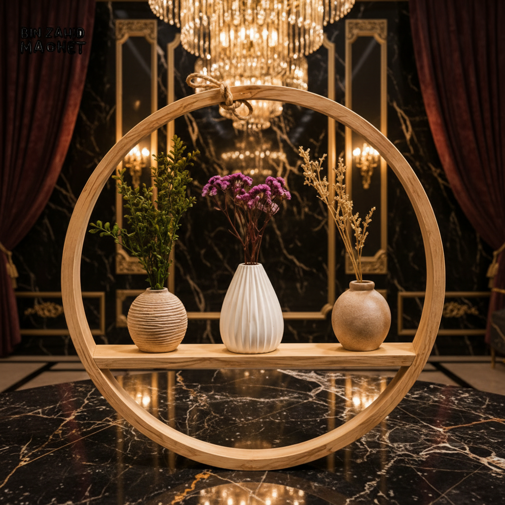 Luxury Home Round Wooden Decor Frame With Mini Vase