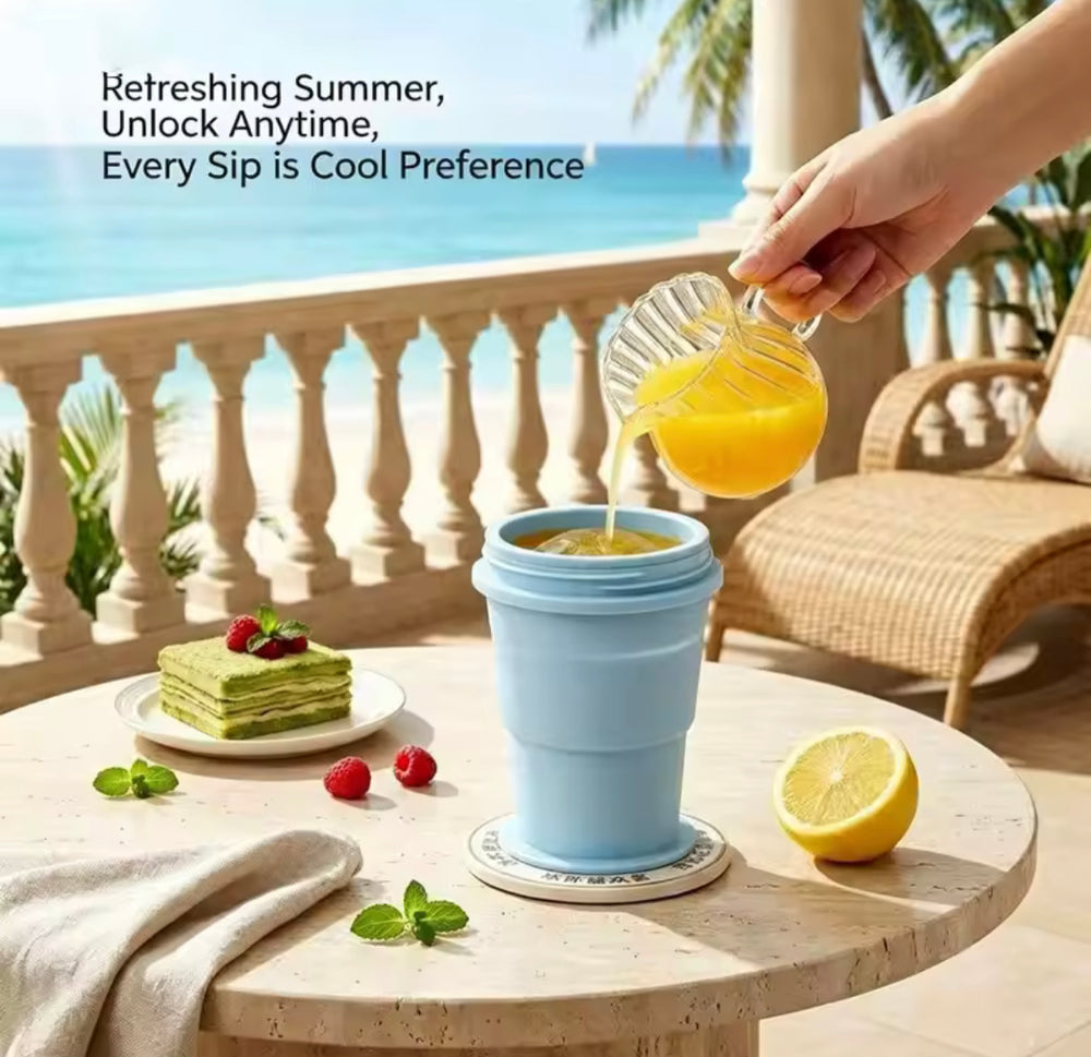 2 In 1 Collapsible Silicone Ice Ball Cup, Reusable Portable Ice Sphere Mold with Straw Lid