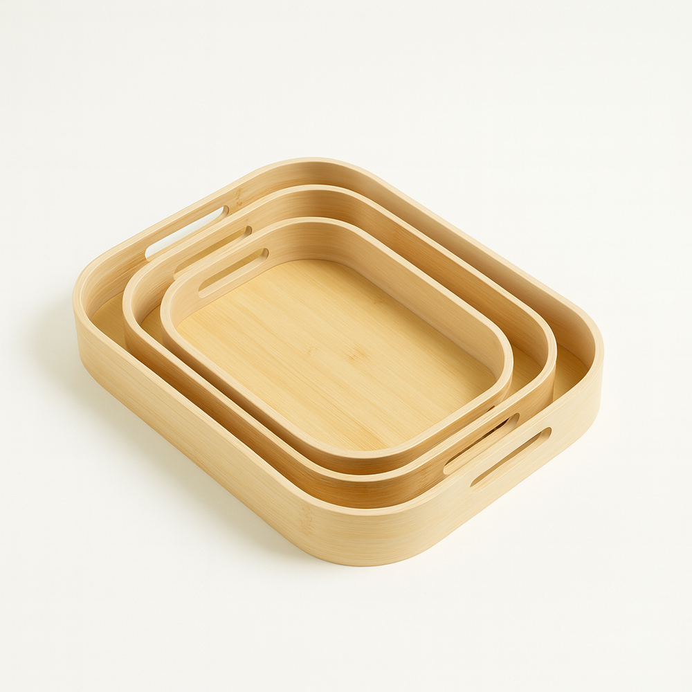 Bamboo Serving Tray With Handle - Set of 3