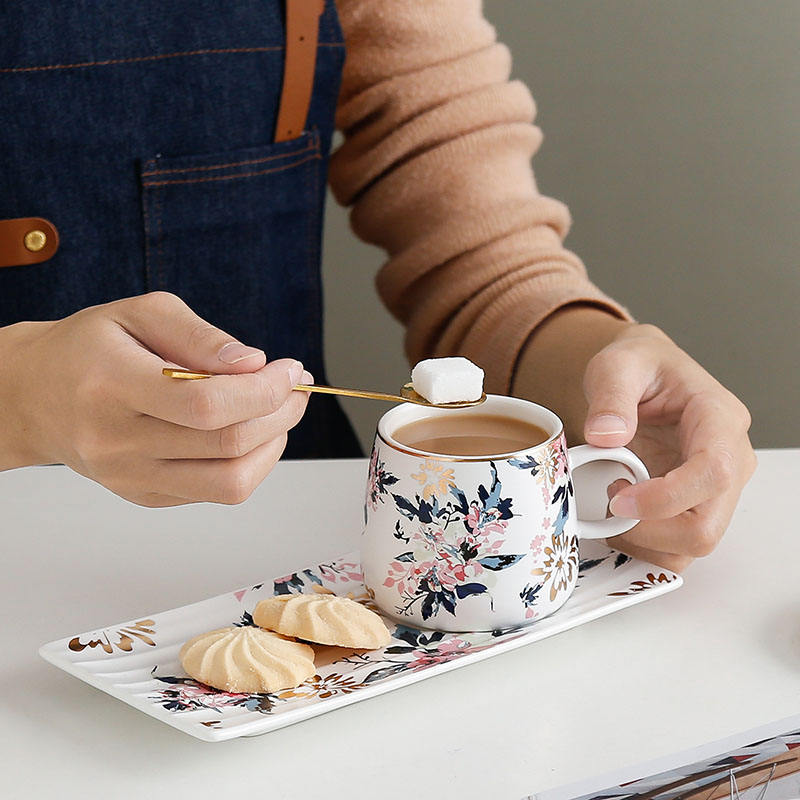 Floral Ceramic Coffee Mug With Tray & Gold Spoon