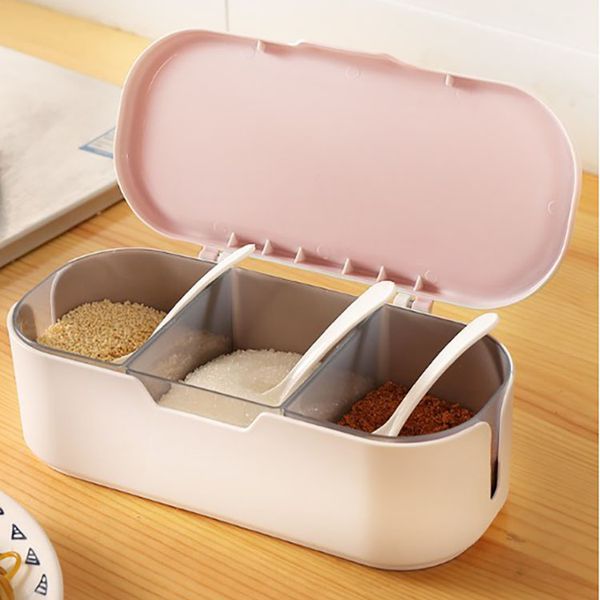 3-grid Seasoning Storage Box With Lid & spoons.