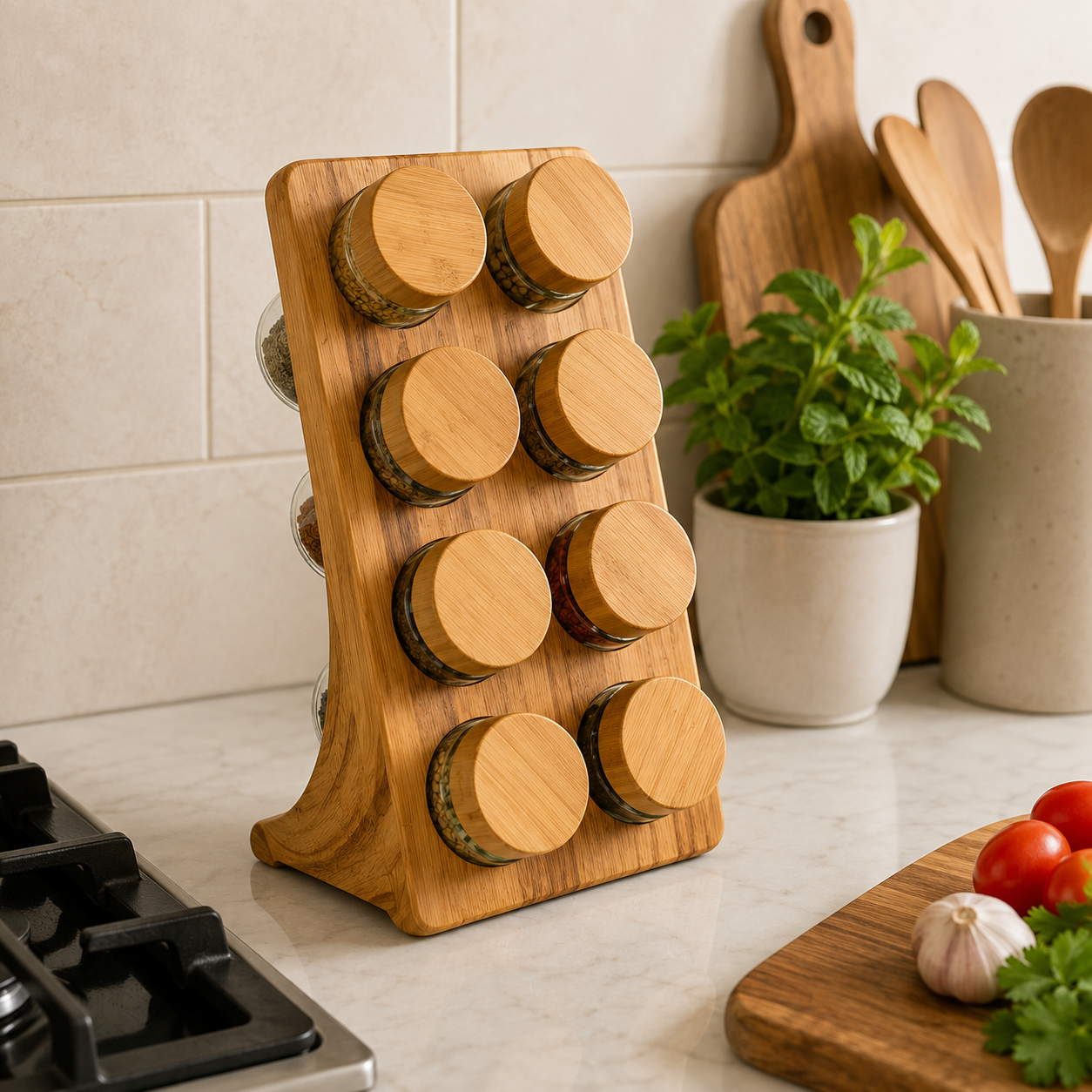 Bamboo 8-Jar Upright Spice Rack Organizer