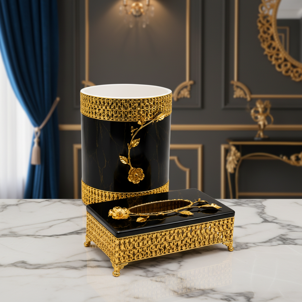 Luxury Premium Decorative Tissue Box & Trash Bin Set