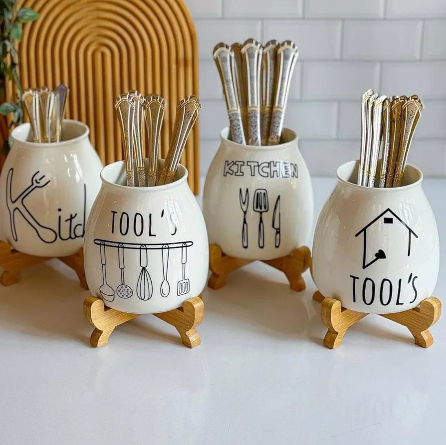 Ceramic Utensil Holder Set with Wooden Base