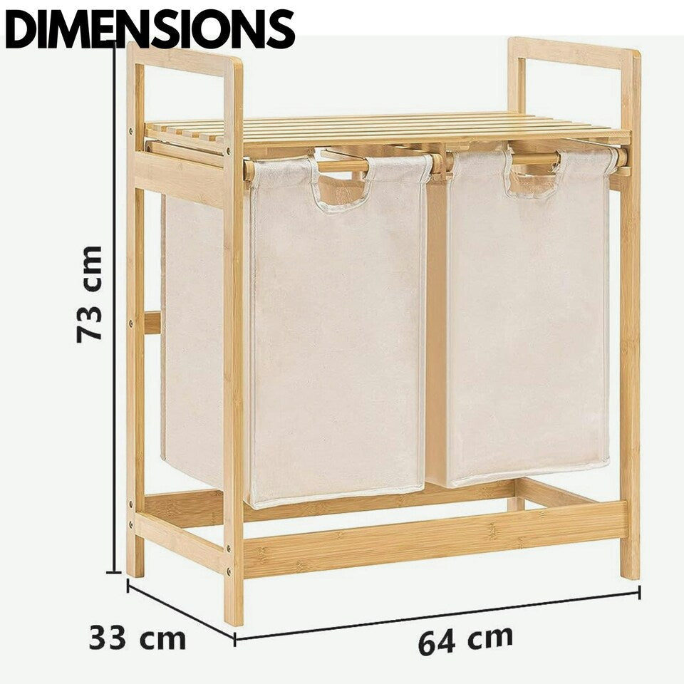 Bamboo laundry Hamper With Storage Shelf And Dual Compartments.