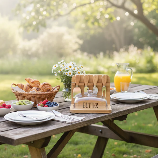 Wooden Butter & Dessert Box Set with Glass Lid & Utensils