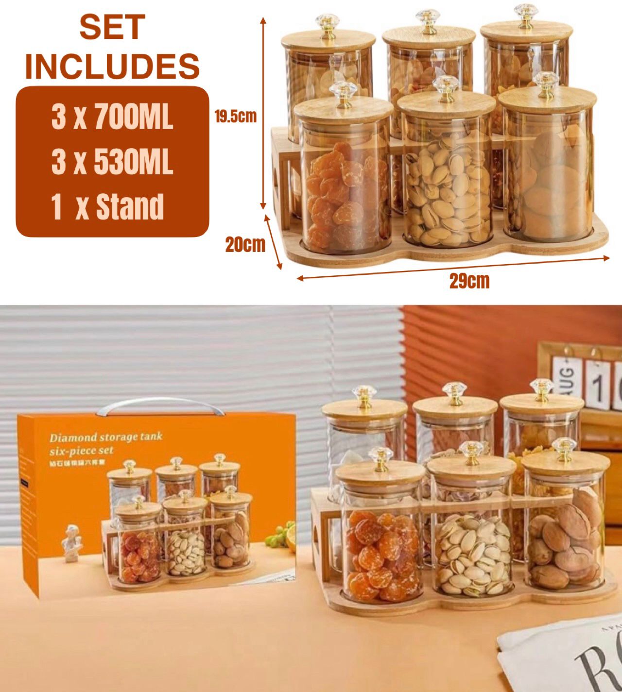 Diamond Glass Storage Jars Set Bamboo Lids (6 Pieces Set)