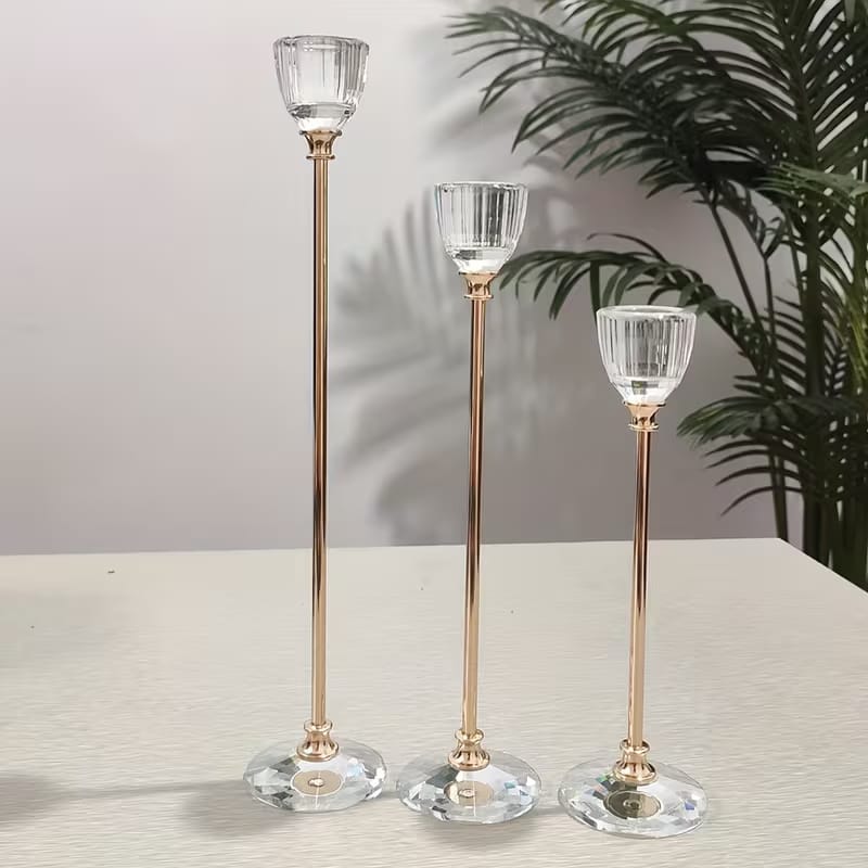 Golden Crystal Candle Holder With Metal Stand (3 Piece Set)