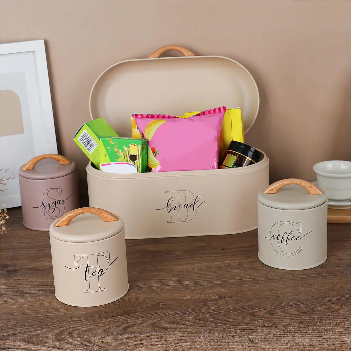 Bread Box With Sugar Coffee Tea Canisters Metal Pantry Countertop 4-Pieces Set