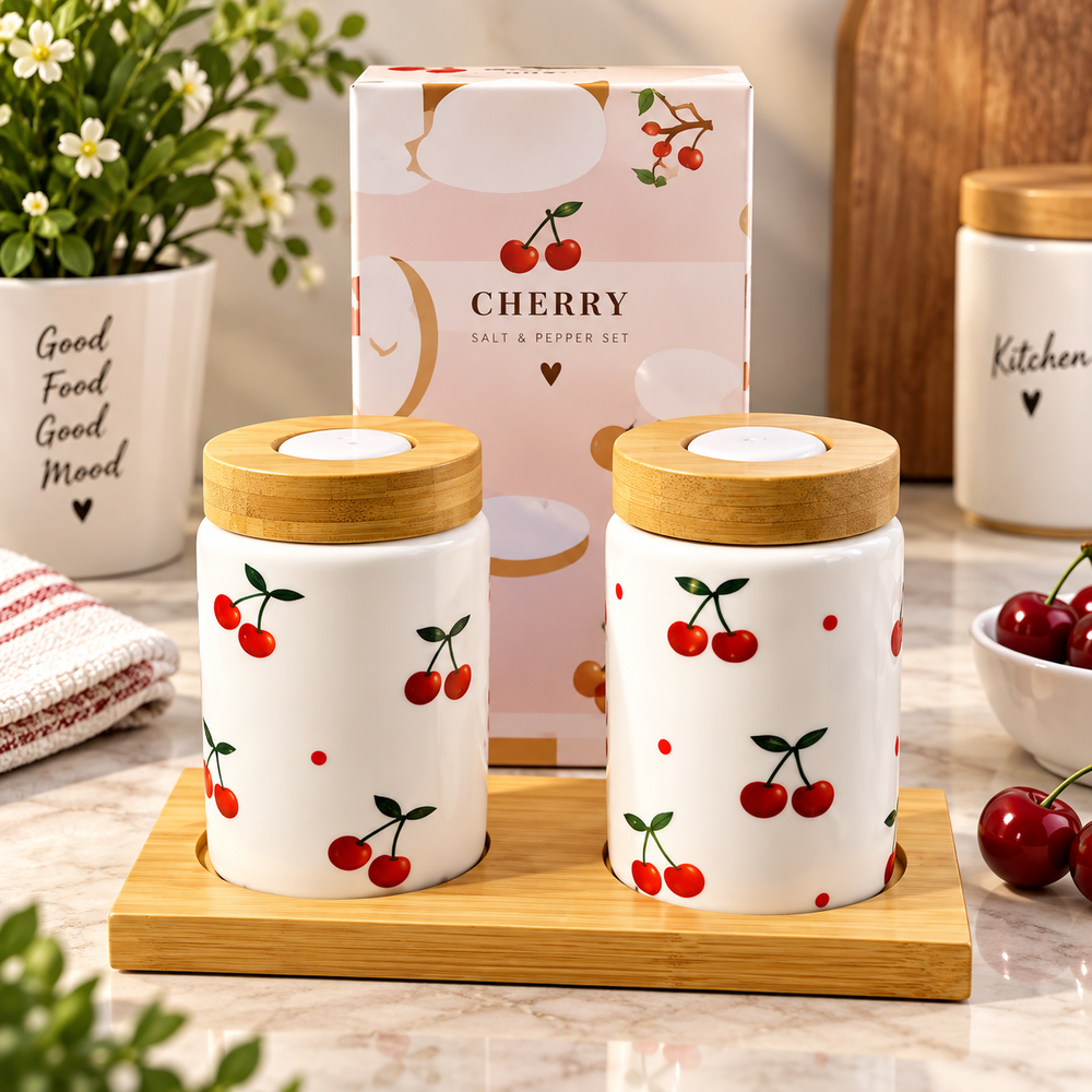 Cherry Print Ceramic Salt & Pepper Shaker Jar Set