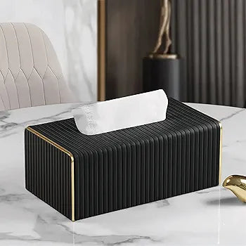 Nordic-style Black Leather Tissue Box Cover With Gold Accent Edge