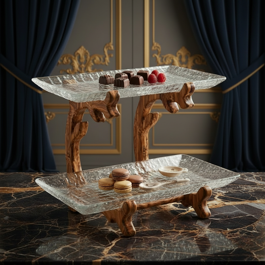 Luxury 2-Tier Glass Serving Tray With Wooden Frame