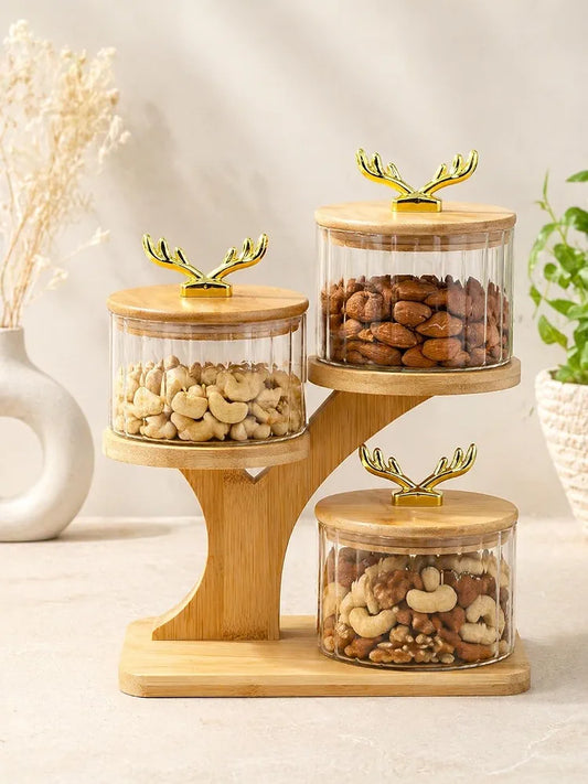 Butterfly High Borosilicate Glass Airtight Dry Fruit Jar Set with Bamboo Tree Organizer