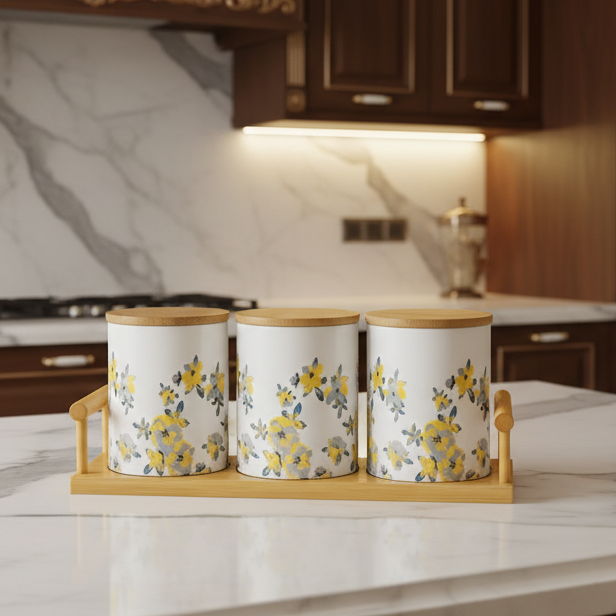 3-Piece Ceramic Jar Set With  Floral Pattern And Bamboo Lids Bamboo Tray