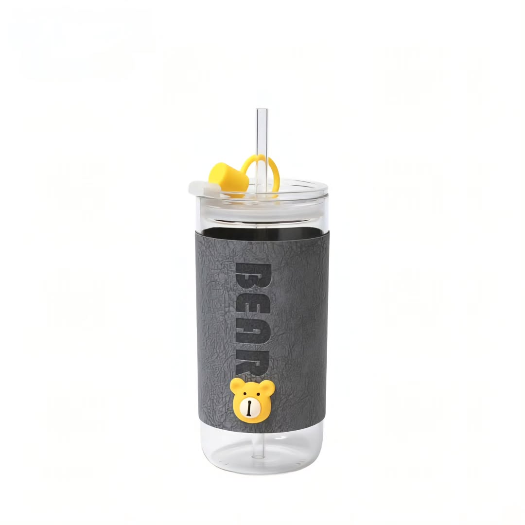 Bear Sleeves Glass Tumbler With Bamboo Lid And Straw 410 ML