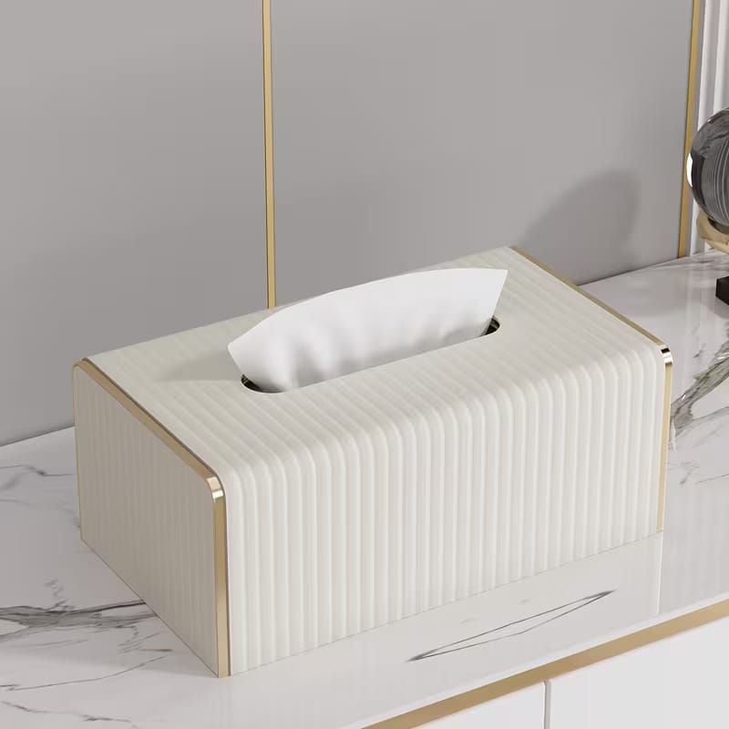 Nordic-style White Leather Tissue Box Cover With Gold Accent Edge