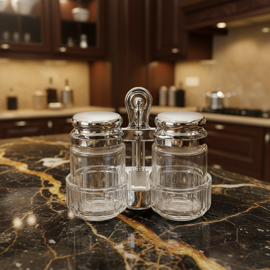 Elegant Double Glass Har Set With Metal Chrome Holder