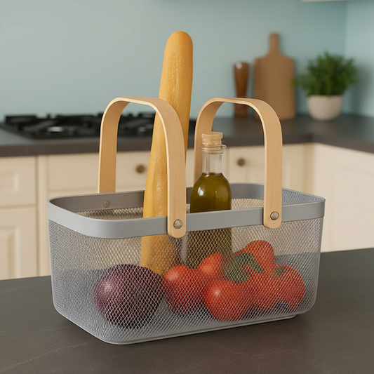 Modern Metal Mesh Fruit And Vegetables Basket With Wooden Handles