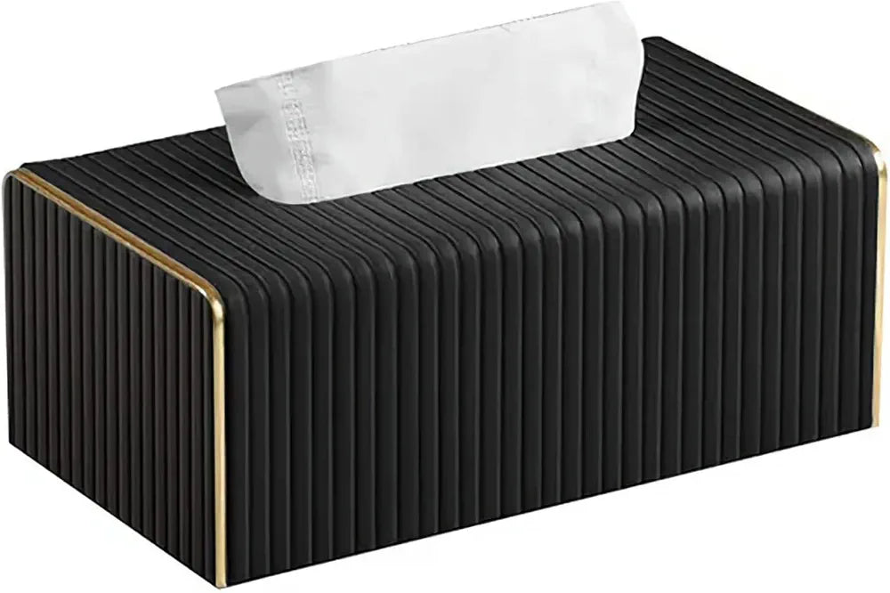 Nordic-style Black Leather Tissue Box Cover With Gold Accent Edge