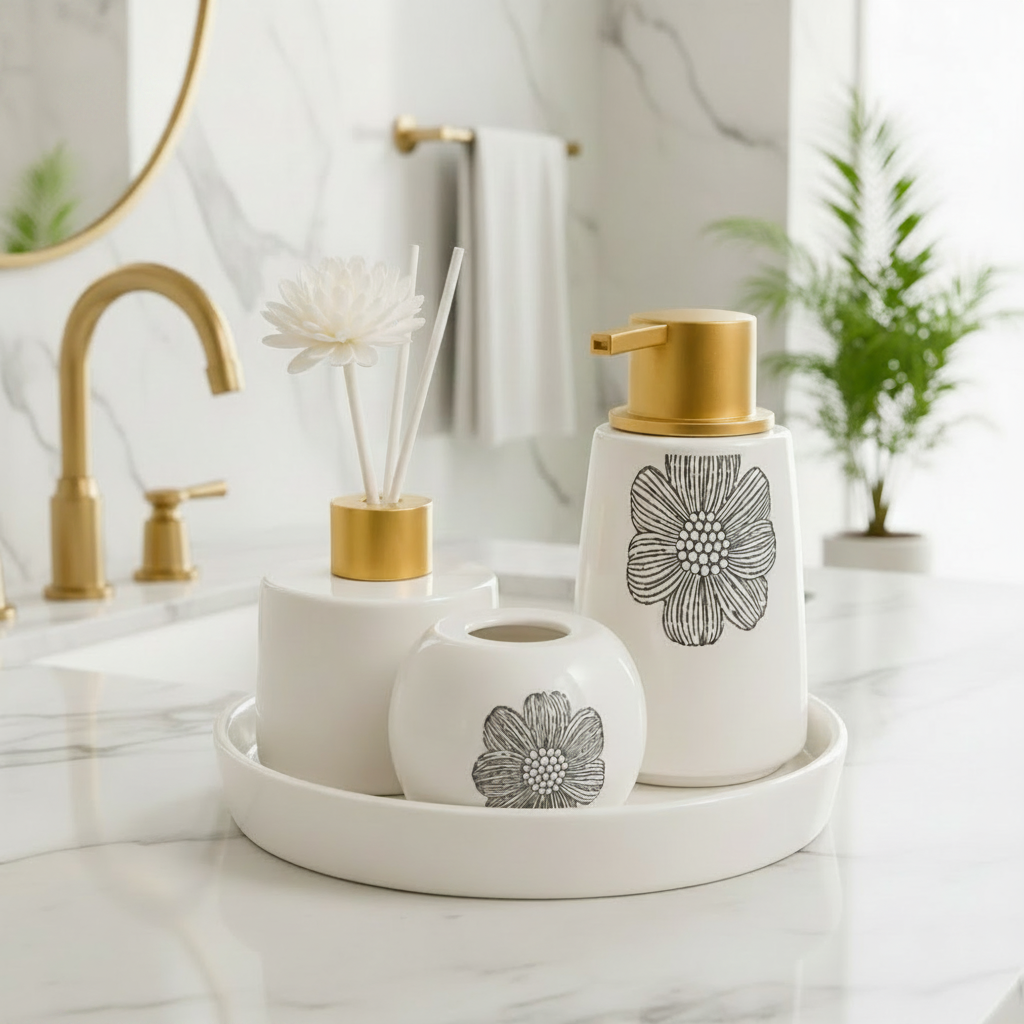 Floral Porcelain Bathroom Accessories Set