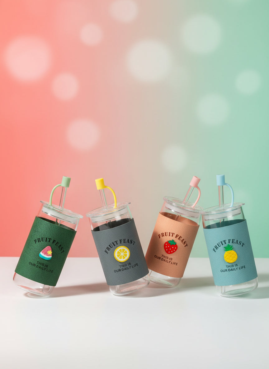 Fruit Feast Glass Tumbler With Bamboo Lid