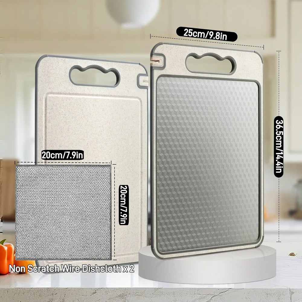 Double Sided Cutting Board for Kitchen, 304 Stainless Steel and Wheat Straw Chopping Board