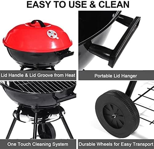 Charcoal BBQ Grill, Smoker Grill For Outdoor Cooking Camping Kettle Grill With Lid & Wheels