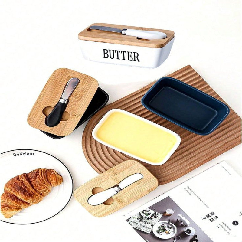 Ceramic Butter Dish With Bamboo Lid & Knife