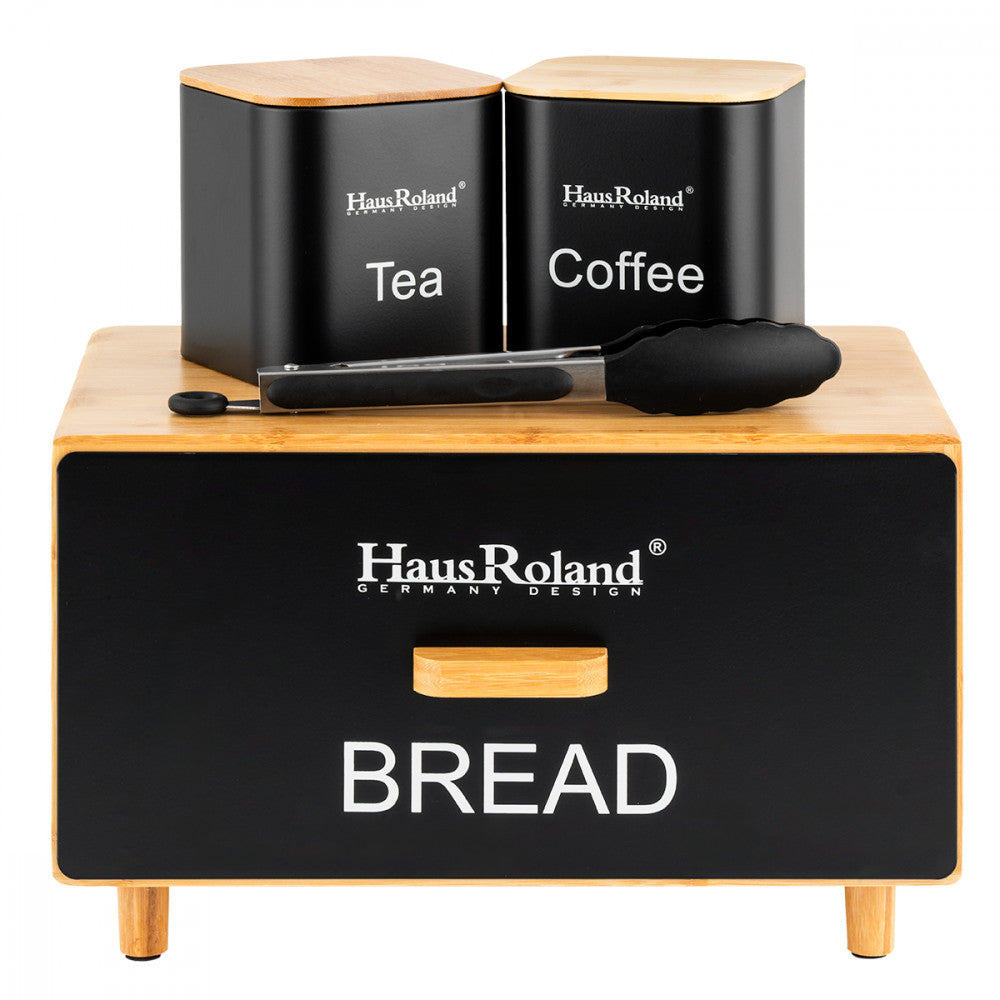 Luxury Matte Black Bread & Canister Set - Tea and Coffee Storage with Bamboo Lids