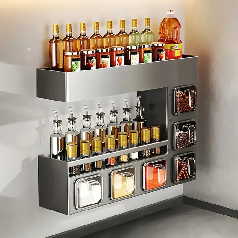 Luxurious Wall Mounted Metal Spice Rack With 6 Seasoning Box