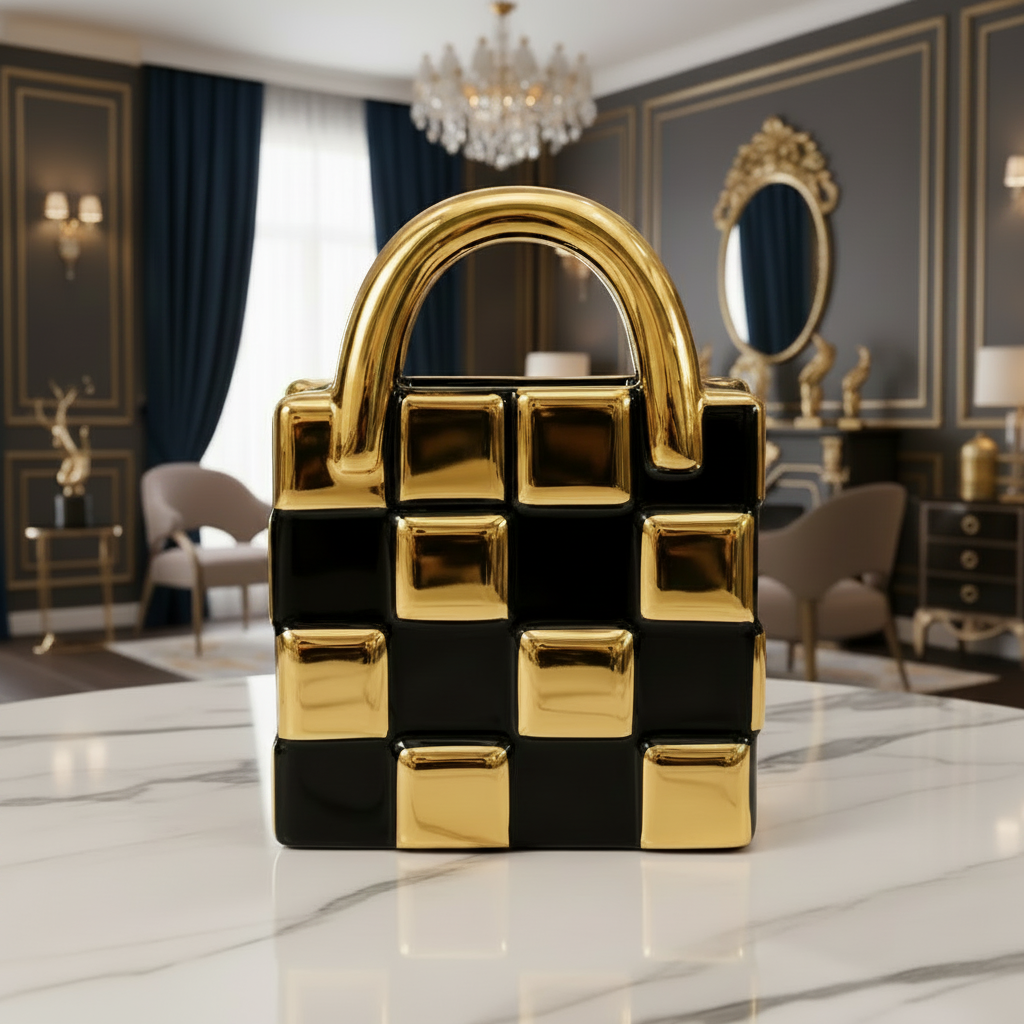 Elegant Luxury Black & Gold Handbag Shaped Decorative Showpiece