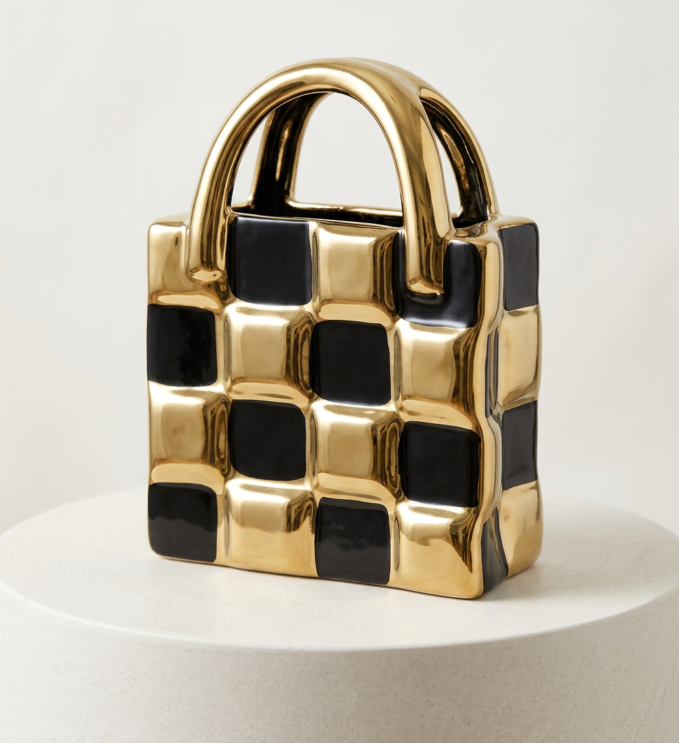 Elegant Luxury Black & Gold Handbag Shaped Decorative Showpiece