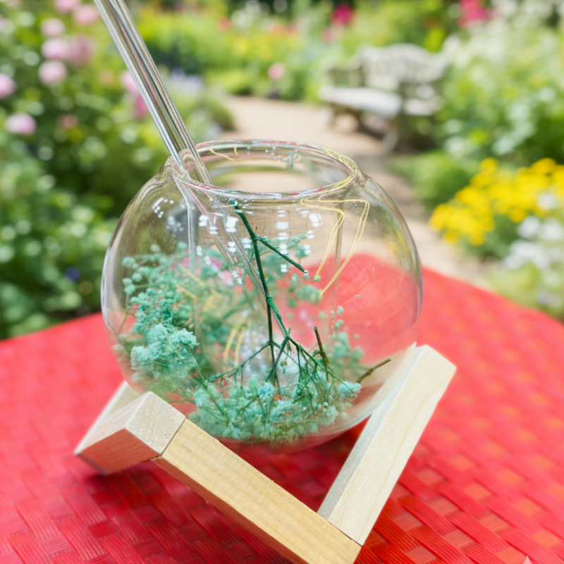 Heat Resistant Double Wall Glass Coffee Cup With Straw & Wooden Stand