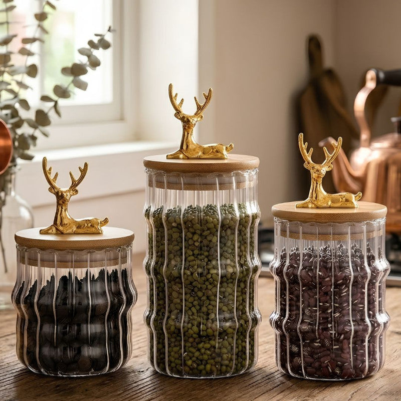 3 Pieces Luxury Ribbed Glass Storage Jar Set With Airtight Bamboo Lids