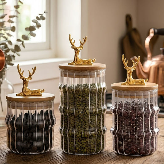 3 Pieces Luxury Ribbed Glass Storage Jar Set With Airtight Bamboo Lids