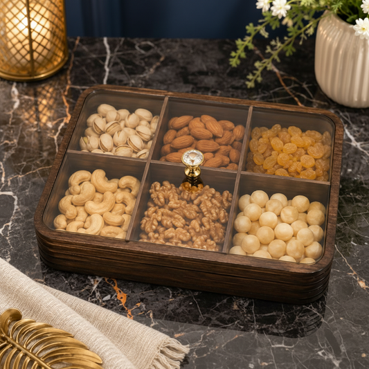 Luxury Wooden 6-Grid Dry Fruits & Snacks Serving Box