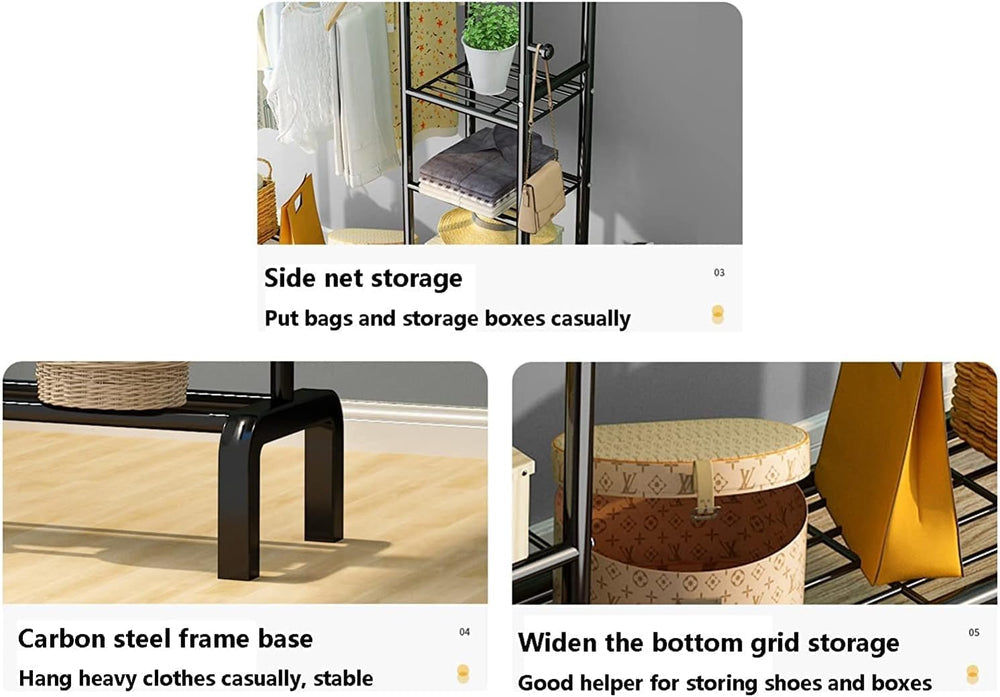 Metal Double Pole Freestanding Clothing Rack With Side and Lower Storage Shelves