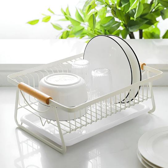 Metal Kitchen Dish Drying Rack With Wooden Handle