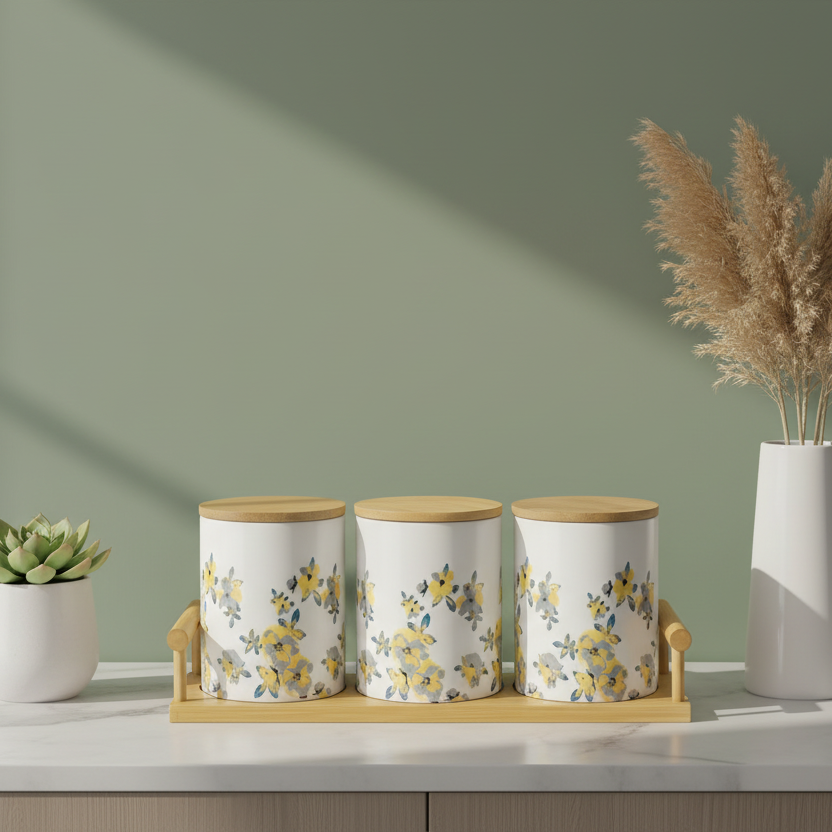 3-Piece Ceramic Jar Set With  Floral Pattern And Bamboo Lids Bamboo Tray